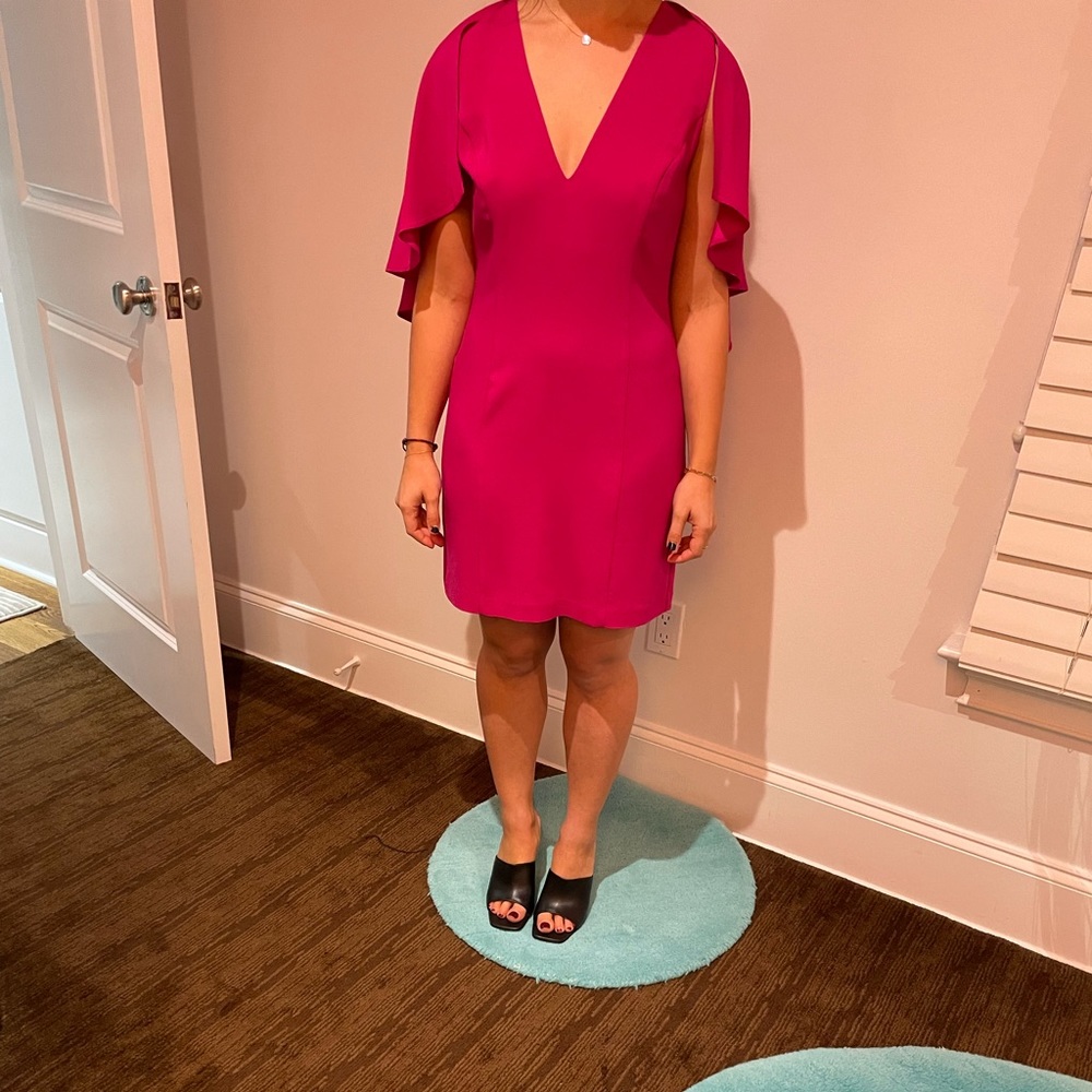 Hot Pink silk dress for any occasion! Has flowy shall attached.